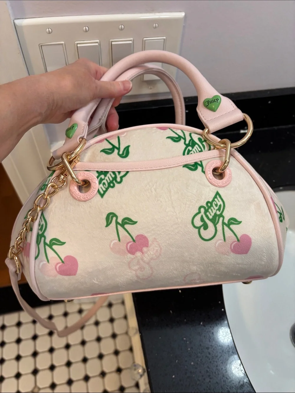 NWT Juicy Couture Light Pink Cherry-Print Satchel with Gold Hardware